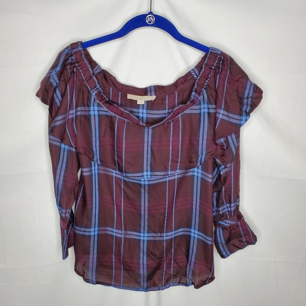 Loft Plaid Off Shoulder Long Sleeve Ruffle Top Blouse Women's Size XXSP NWOT. - Picture 3 of 9